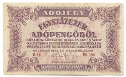 100000 százezer adópengő 1946 sorszámos, vízjeles papír 1.