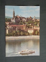 Képeslap,Budapest,Mátyás templom,halászbástya,Duna part,sétahajó látkép,részlet,1964-