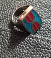 Steril ezüst vintage gyűrű türkiz és korall kövekkel .