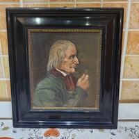 Antik Festmény Pipázó Férfi Portré