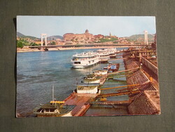 Képeslap,Budapest,Duna part,kikötő,sétahajó,Erzsébet híd,Budai vár látkép,részlet,1971-