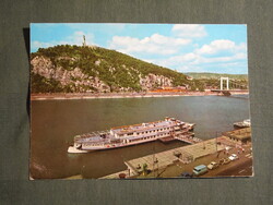 Képeslap,Budapest,Duna part,kikötő,sétahajó,Gellérthegy,emlékmű látkép,részlet,1977-
