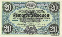 20 korona 1916 K.u.K. Zalaegerszeg Hadifogoly-tábor felülbélyegezve aUNC