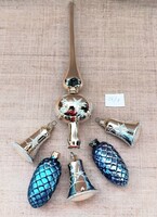 Szép üveg harang és toboz alakú karácsonyfadísz hozzá üveg csúcsdíszel 6-darab /25/1