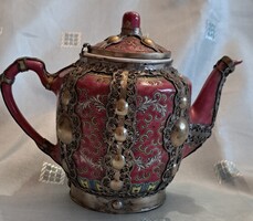 Kuriózum antik keleti porcelán teáskanna ezüstözött rátétekkel (L5640)