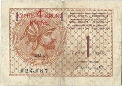 1 dinár 4 korona felülbélyegzés 1919 Szerb Horvát Szlovén királyság 1.