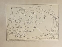 CS UHRIN TIBOR (1936-2010) AMOROUS COUPLE, SIGNED, DEDICATED EROTIC INK DRAWING DR. GÁL JÓZSEF