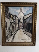 RUE Á PARIS - JELZETT FRANCIA KÉTOLDALI AKVARELL - HÁTTÉRBEN A SACRÉ COEUR BAZILIKA