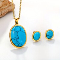 18K Aranyozott Türkíz Turmalin Ovális Kő Medál Nyaklánc Fülbevaló Platinázott Ékszerszett +Díszdoboz
