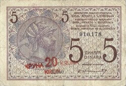 5 dinár 20 korona felülbélyegzés 1919 Szerb Horvát Szlovén királyság