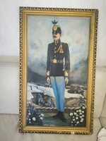 Antik Első világháború Ferenc József tiszti egyenruha . 50 X 90 cm.Csata jelenet katona portré .