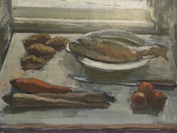 DÖBRÖCZÖNI KÁLMÁN (1899-1966) KONYHA ASZTAL MODERN KÉPCSARNOKOS, JELZETT, CSENDÉLET, OLAJ, VÁSZON FE