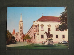 Képeslap,Budapest,Mátyás templom,vármúzeum,Hadik szobor,autó,városi látkép,részlet, 1970-