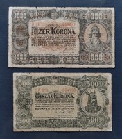 500 + 1000 Korona 1923, VG.