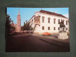 Képeslap,Budapest,Mátyás templom,vármúzeum,Hadik szobor,autó,városi látkép,részlet, 1977-