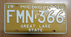 Régi USA amerikai rendszám rendszámtábla 1970-ből FMN 366 Michigan Great Lake State