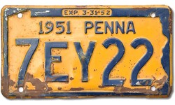 Régi USA rendszám rendszámtábla 1951-ből 7EY22 Pennsylvania Penna