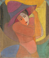 Hollóházi with Sövéri signature: Nude figure before a tree and Bowler hat figure (two paintings on one canvas each)