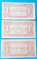 Csehszlovák 3x1 Korona Korun 1944 évi ,  sorszámkövető, UNC