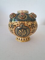 HIBÁTLAN! Antik Zsolnay porcelán áttört historizáló gömb váza a Wanda sorozatból Sikorski Tádé terve