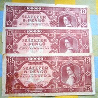 Bankjegyek  Százezer  "B" Pengő RITKÁK 1946 T1- EF