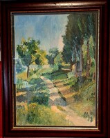 Hegyi György: Road in the tree-lined avenue c. oil painting