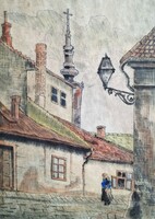 Beregi Vilmos: Tabán, Holdvilág utca - régi színezett rézkarc