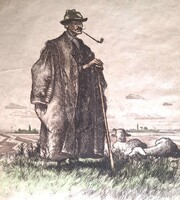 Zádor István (1882-1963): Pipázó pásztor (szignózott színezett rézkarc) paraszti élet, portré