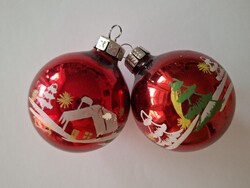 Régi üveg karácsonyfadísz festett házikós piros gömb 2 db