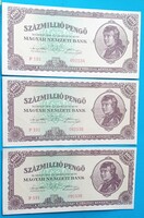 3 db százmillió  Pengő 1946  sorszámközeli  aUNC