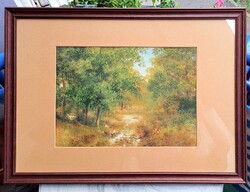 Nemes Tibor: Forest path, watercolor - landscape - szentendrei painter - nature picture in brown frame