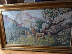 Régiség, Nagyméretű , keretezett ,gobelin varrott-himzett falikép, Szarvasos -erdős , vadászoknak !