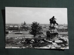 Képeslap,Budapest,Savoyai Eugen lovasszobra a Budavári Palotában,városi látkép,részlet, 1960-