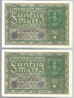 2 x 50 márka 1919 Reihe 1. Németország sorszámkövető 642430-31