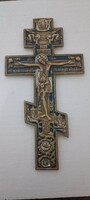Antik nagy orosz cári ortodox pravoszláv fali bronz kereszt zomànc dîszitmènnyel 19.sz