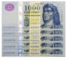 1000 Forint Bankjegy 2015 DE UNC alacsony sorszámkövető 5db