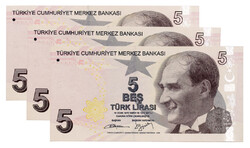 Törökország 5 Líra Bankjegy 2009 P222b sorszámkövető 3 db