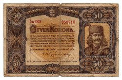 50 Korona Államjegy 1920 VG