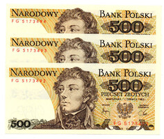 Lengyelország 500 Zloty Bankjegy 1982 P145d L161b sorkövető 3db