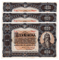1000 Korona Államjegy 1920 UNC sorszámkövető 3 db