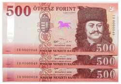 500 Forint Bankjegy 2018 EB UNC alacsony sorszámkövető 3db