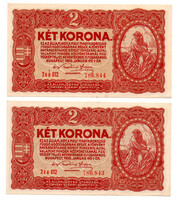 2 Korona Államjegy 1920 aa sorszámkövető pár XF