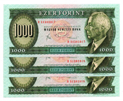 1000 Forint Bankjegy 1983 November B sorozat gEF sorkövető 3db