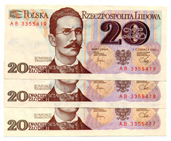 Lengyelország 20 Zloty Bankjegy 1982 P149b L157bb sorkövető 3db