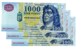 1000 Forint Bankjegy Millennium 2000 DD sorszámkövető 3 db