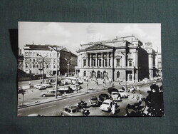 Képeslap,Budapest,Blaha Lujza tér,Nemzeti színház,Ikarus autóbusz,villamos látkép,részlet, 1964-