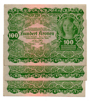 Ausztria 100 Korona Bankjegy 1922 EF sorszámkövető 3 db