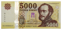 5000 Forint Bankjegy 2017 MINTA nagyon alacsony sorszám 0000017