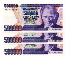 Törökország 500000 Líra Bankjegy 1998 P212 sorszámkövető 3 db