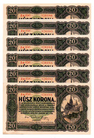 20 Korona Államjegy 1920 aUNC, hajtatlan, sorszámkövető 6 db